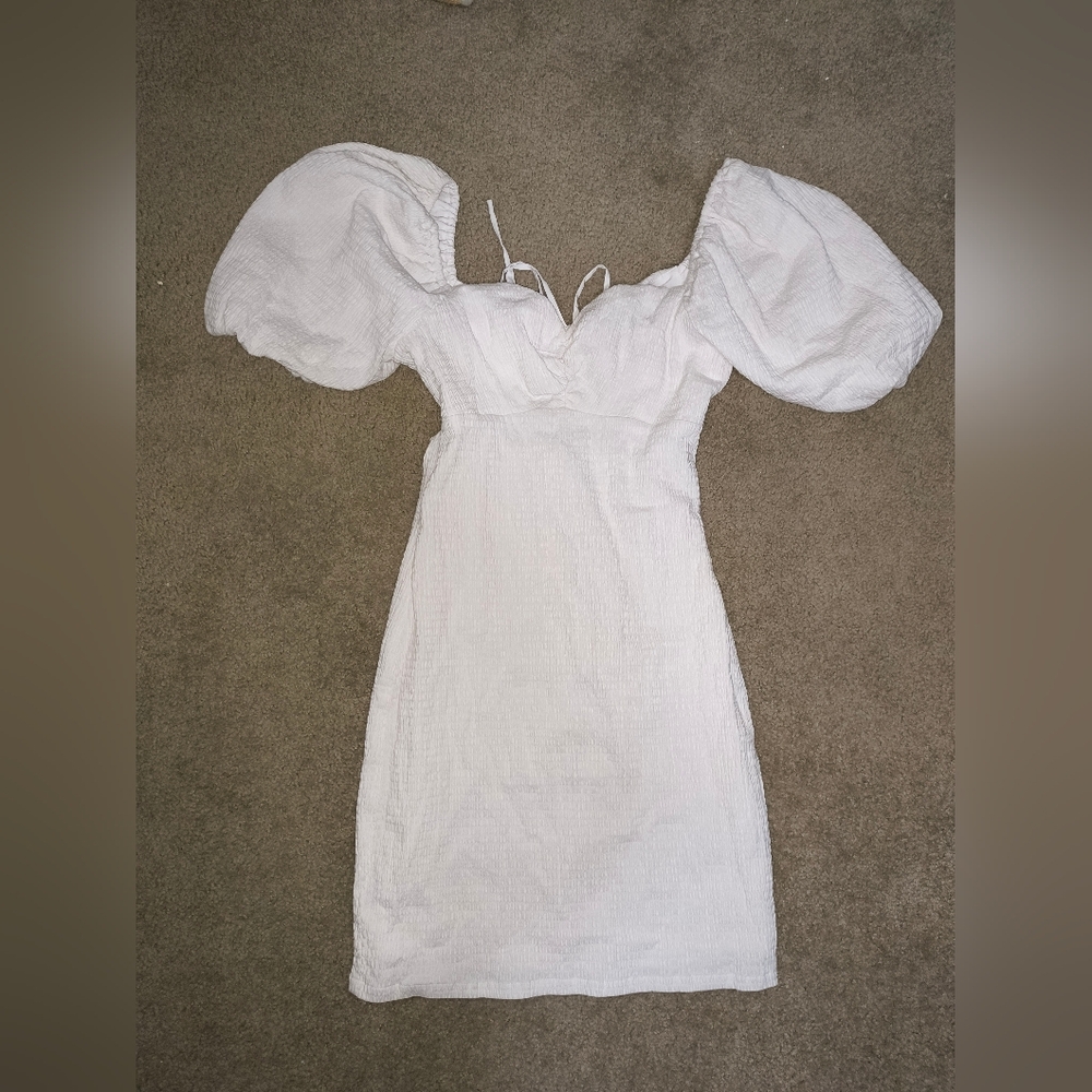 Guess White Mini Dress with Puff Sleeves